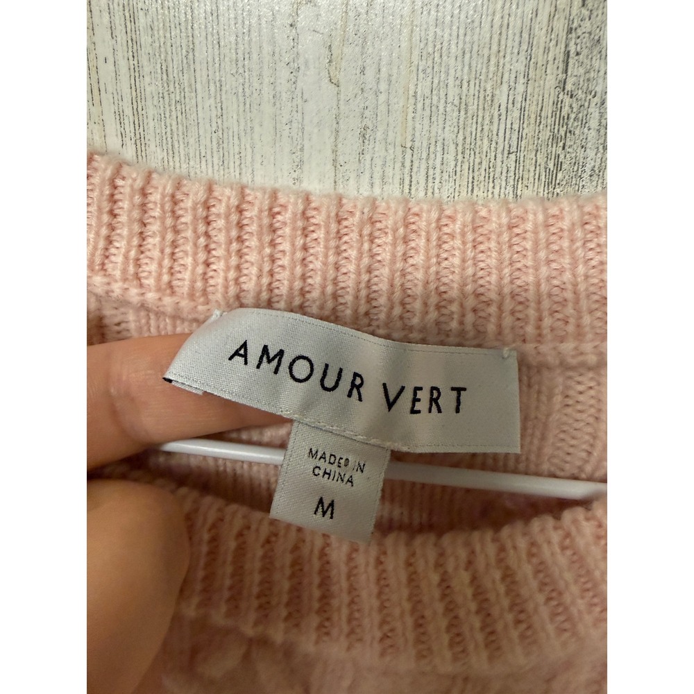 Amour Vert 100% Wool Cable Knit Sweater Women M Pink Fisherman Crewneck Preppy - Picture 7 of 10
